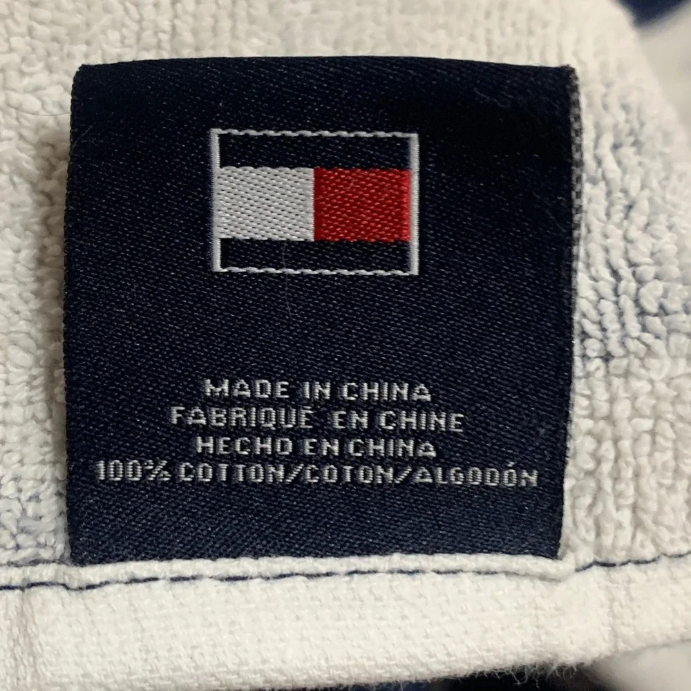 Tommy Hilfiger Beach Towel Navy White Floral Hibiscus Cotton 34x60 Logo Flaw